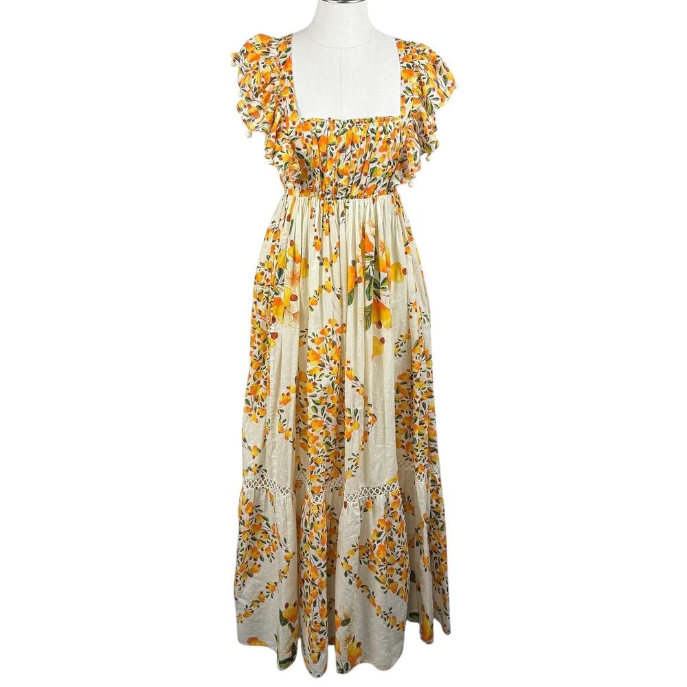 Women's Farm Rio Cashew Crossed Back Maxi Floral Ruffle Pom-Pom Long Dress sz XS